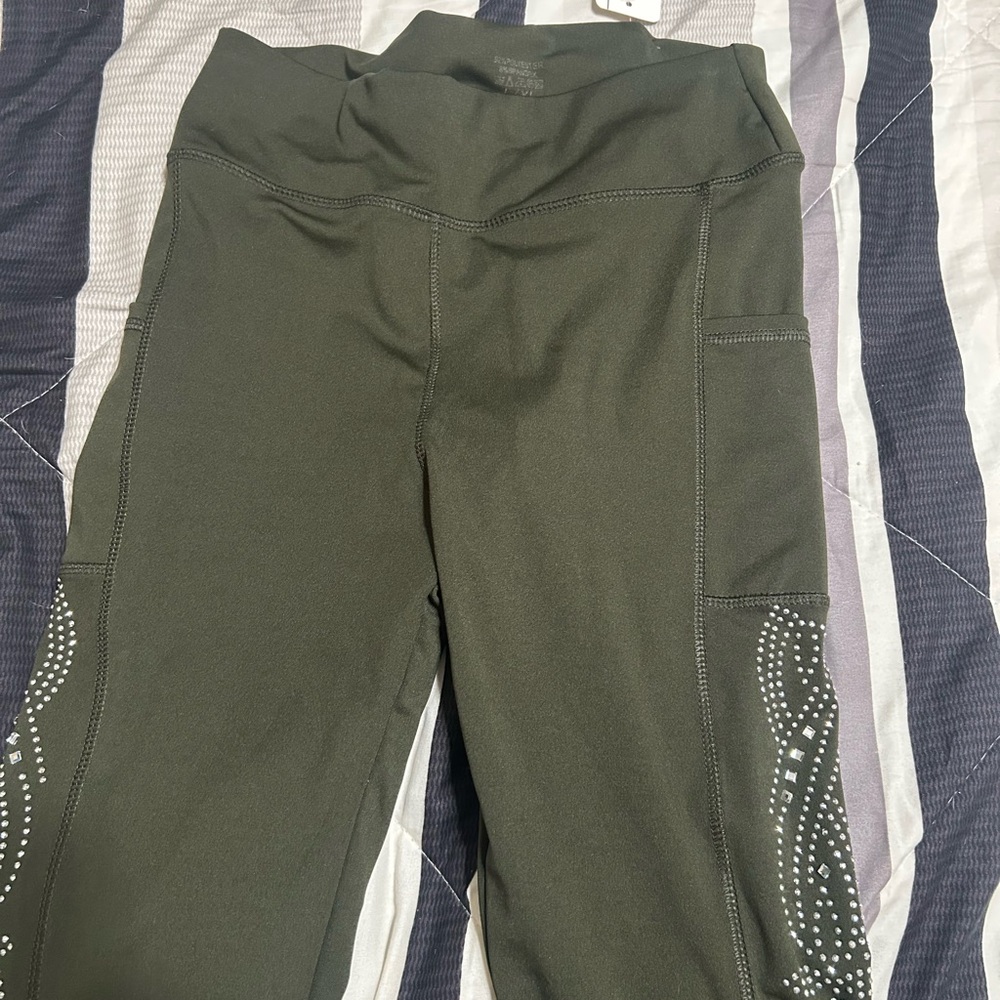 Olive Green Leggings with Rhinestone Detail